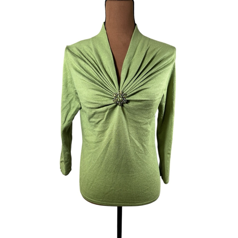 ETCETERA Green Silk Cashmere Blend V-Neck Sweater with Removable Broach M
